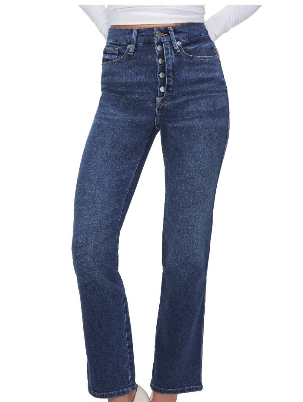 Good American High-Rise Button-Fly Straight Jeans Indigo Blue